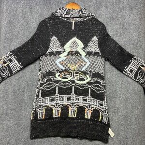 Free People Cardigan Sweater Womens Medium Black White Geometric Longline Knit